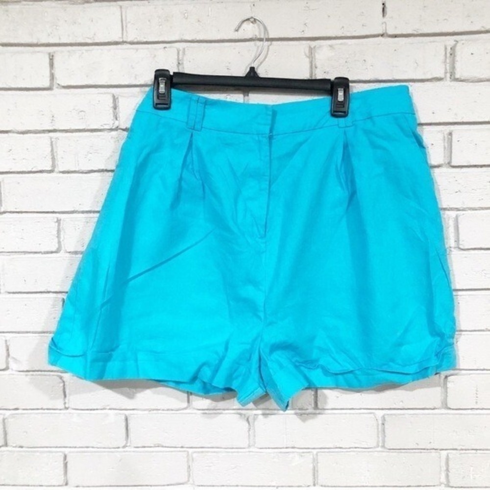 ASOS DESIGN Turquoise Blue Linen Blend Pleated High Waisted Shorts Sz 14